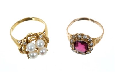 Lot 703 - Victorian garnet and seed pearl cluster ring and an 18ct gold cultured pearl and diamond cluster ring (2)