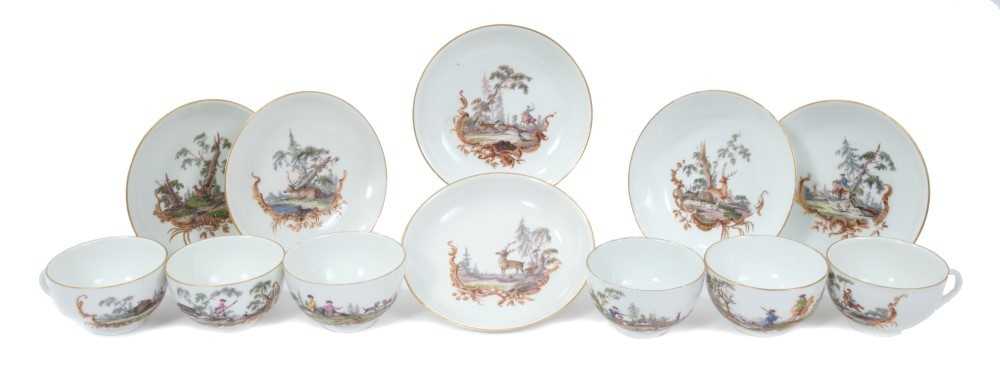 Lot 275 - Six Eighteenth century Meissen tea cups and saucers, one cup possibly associated