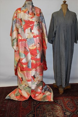 Lot 3141 - Contemporary colourful Kimono with silk embroidery and Obi belt plus other robe.