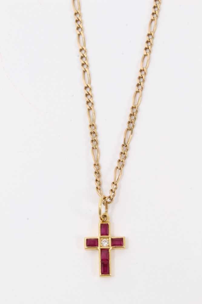 Lot 3326 - Ruby and diamond cross on chain