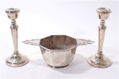 Lot 443 - Silver quaich and pair silver candlesticks