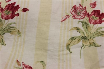 Lot 3118 - Two pairs of good quality curtains. Cream with red floral design. Pinch pleat headings and tasselled tie backs.