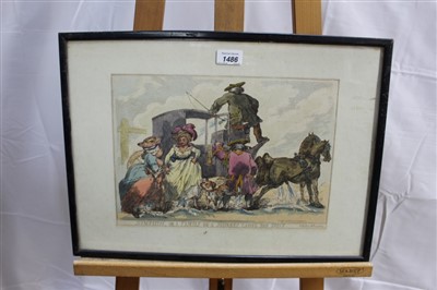 Lot 1486 - Thomas Rowlandson hand coloured engraving by Bunbury - Pot Fair Cambridge and The College Gate, together with two further 18th century hand coloured prints, each framed