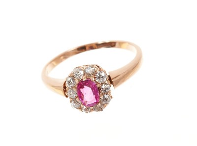 Lot 671 - Late Victorian ruby and diamond cluster ring with a mixed cut ruby weighing approximately 0.31cts surrounded by ten old cut diamonds in claw setting on 14ct rose gold shank. Estimated total diamond...