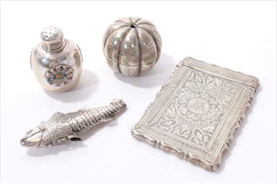 Lot 243 - Chinese Silver pepperette, silver card case, melon form box and cover, fish vinaigrette etc