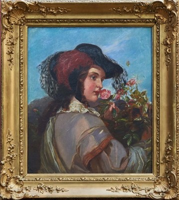 Lot 1363 - William Powell Frith - oil on canvas - Portrait of a young lady picking wild roses, signed lower left.