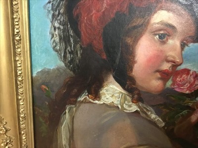Lot 1363 - William Powell Frith - oil on canvas - Portrait of a young lady picking wild roses, signed lower left.