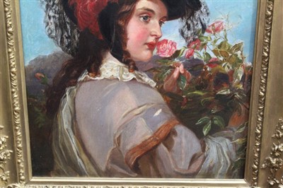 Lot 1363 - William Powell Frith - oil on canvas - Portrait of a young lady picking wild roses, signed lower left.