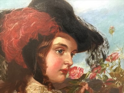 Lot 1363 - William Powell Frith - oil on canvas - Portrait of a young lady picking wild roses, signed lower left.
