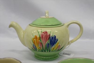 Lot 2200 - Clarice Cliff Spring Crocus pattern tea for two set, comprising teapot, milk jug, sugar bowl, two cups and two saucers