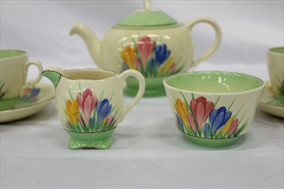 Lot 2200 - Clarice Cliff Spring Crocus pattern tea for two set, comprising teapot, milk jug, sugar bowl, two cups and two saucers