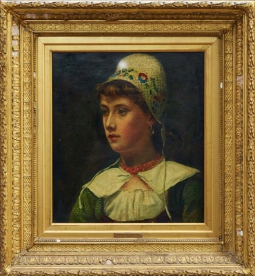 Lot 1509 - Sir Samuel Luke Fildes (1843-1927) oil on canvas - portrait of a young lady wearing a bonnet, in glazed gilt frame, 44cm x 39cm