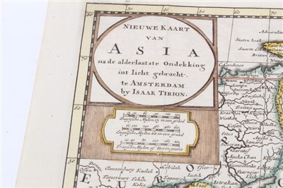 Lot 1037 - Isaak Tirion (d.1769), hand-coloured map - ‘Nieuwe Kaart van Asia’, 28cm x 36cm, 1740