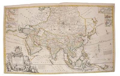 Lot 1051 - Herman Moll (d. 1732), large hand-coloured map - ‘Asia’ presentation to William, Lord Cowper, Lord High Chancellor of Great Britain’, printed D. Midwinter, Thomas Bowles, Philip Overton, 1717, 58cm...