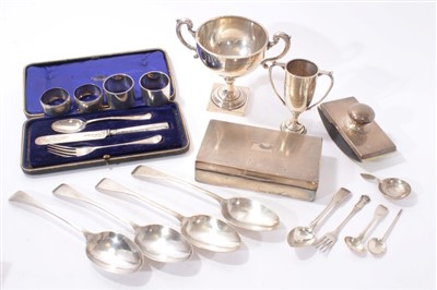 Lot 429 - Box of silver to include flatware, cigarette box, two trophies and other items