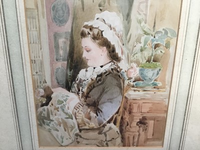 Lot 90 - English School watercolour- 19th century lady at a window