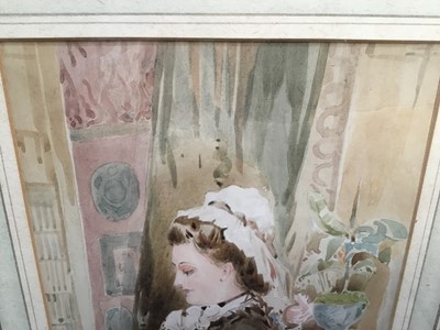 Lot 90 - English School watercolour- 19th century lady at a window