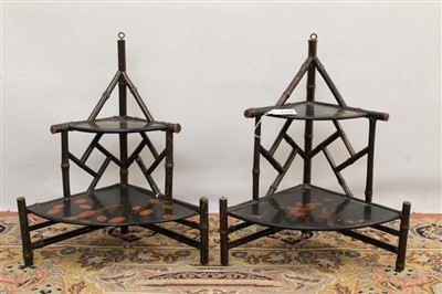 Lot 1758 - Pair of early 20th century bamboo and japanned corner wall brackets