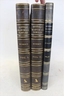 Lot 2325 - Joseph James Muskett - three volumes ‘Suffolk Manorial Families’, Volume 1 privately printed 1900, Volume 2 1908, Volume 3 without frontice page, the first two with original cloth binding, the thir...