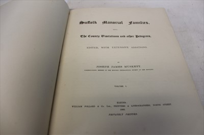 Lot 2325 - Joseph James Muskett - three volumes ‘Suffolk Manorial Families’, Volume 1 privately printed 1900, Volume 2 1908, Volume 3 without frontice page, the first two with original cloth binding, the thir...