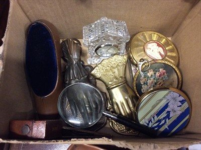 Lot 468 - Arts and Crafts style copper tray, brass paper clips in the form of hands, compacts, Edinburgh Crystal desk clock etc