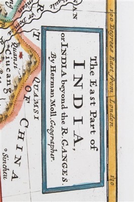 Lot 1069 - Herman Moll (d. 1732) hand coloured map - ‘The East Part of India’, 26 x 16cm