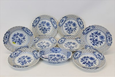 Lot 2023 - Group of Eight Meissen Onion pattern plates with reticulated borders, together with a similar onion pattern basket (9 pieces)
