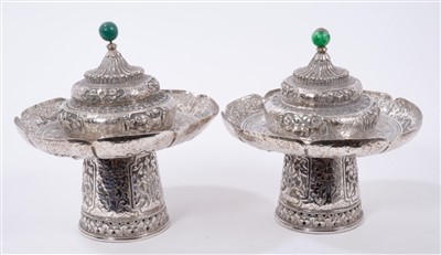 Lot 446 - Pair of Eastern White Metal pedestal dishes and covers, with green hardstone knops