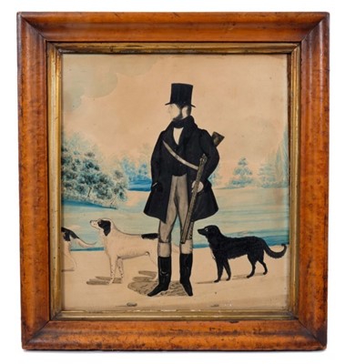 Lot 1177 - English School, circa 1820, watercolour on paper - Portrait of a sportsman and his dogs