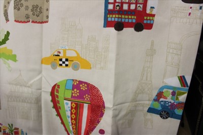 Lot 3151 - John Lewis Made to Measure Children's curtains, depicting London buses, rickshaws etc. approx 4ft 10" by 8ft, with black out lining and eyelets