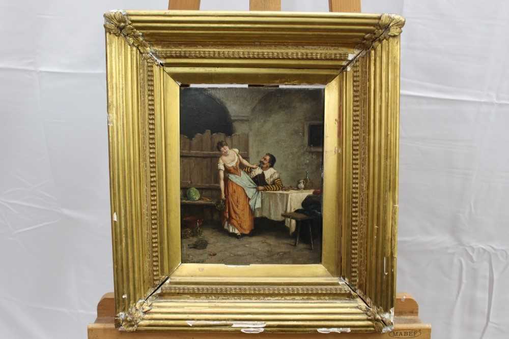 Lot 50 - Italian School, 19th century, oil on panel - a courtyard trist, bearing signature P. Vasco and date 1887, in gilt frame, 25.5cm x 20.5cm