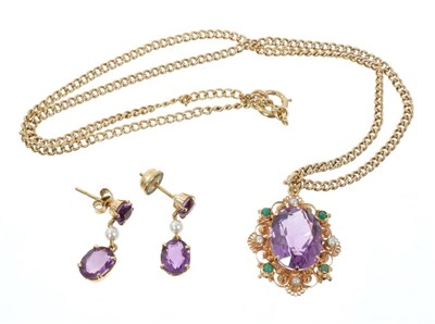 Lot 711 - Amethyst, turquoise and seed pearl pendant on chain together with a pair of amethyst and seed pearl pendant earrings