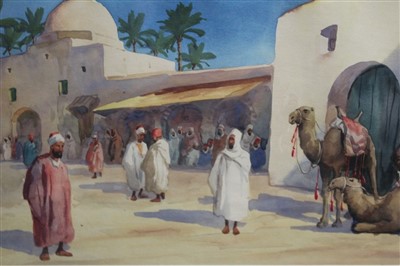 Lot 1564 - Giovanni Barbaro watercolour study, Tunisian market scene in glazed gilt frame