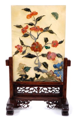 Lot 1233 - Chinese inlaid hardstone table screen on hardwood stand