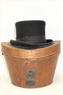 Lot 69 - Vintage black felt 'John Bull' top hat by Wilson and Stafford in an antique fitted leather top hat box