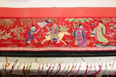 Lot 3050 - Chinese embroidered silk banner, early 20th century.  Depicting Emperor, Empress, Gods and Deities.  Silk satin stitch with couched metal thread outlines.
