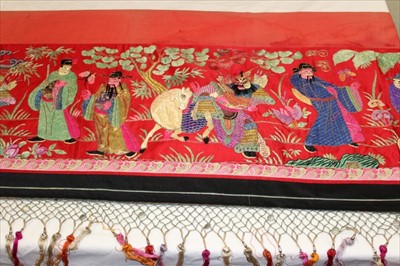 Lot 3050 - Chinese embroidered silk banner, early 20th century.  Depicting Emperor, Empress, Gods and Deities.  Silk satin stitch with couched metal thread outlines.