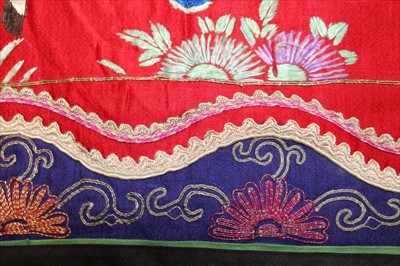 Lot 3051 - Chinese embroidered silk banner. Depicting Emperor and Empress in a pagoda with wise men, Gods on horses and other deities.  Silk satin stitches with couched metal thread outlines.