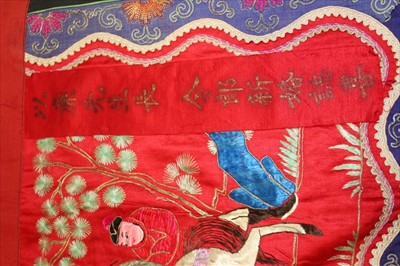 Lot 3051 - Chinese embroidered silk banner. Depicting Emperor and Empress in a pagoda with wise men, Gods on horses and other deities.  Silk satin stitches with couched metal thread outlines.