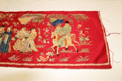 Lot 3052 - Chinese embroidered silk banner with wise men and deities in pagoda, horses butterflies, bat and other symbols in garden scene. Silk stain stitch with metal thread outlines. Unlined.
