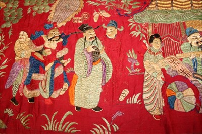 Lot 3052 - Chinese embroidered silk banner with wise men and deities in pagoda, horses butterflies, bat and other symbols in garden scene. Silk stain stitch with metal thread outlines. Unlined.