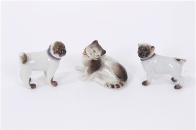 Lot 360 - Two 19th century Meissen pug dogs, together with Meissen style cat (3)