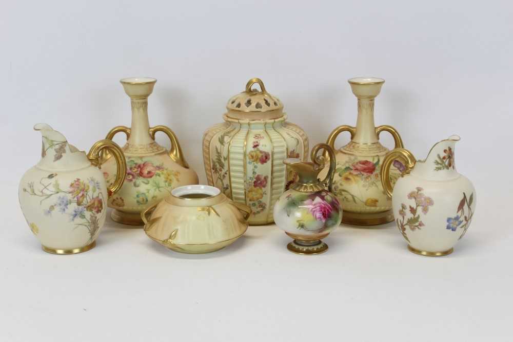 Lot 2028 - Royal Worcester blush porcelain pot pourri vase and cover, together with a pair of two handled blush vases and other pieces (7 pieces)