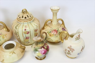 Lot 2028 - Royal Worcester blush porcelain pot pourri vase and cover, together with a pair of two handled blush vases and other pieces (7 pieces)