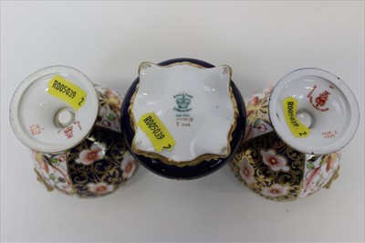 Lot 2029 - Pair of Royal Crown Derby Imari vases, together with another vase and cover, a salt and a Coalport vase (5)