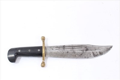 Lot 718 - Large Bowie knife with clipped blade marked ' Case XX ', with brass cross guard and horn hilt 35.7cm overall.