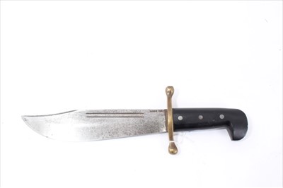 Lot 718 - Large Bowie knife with clipped blade marked ' Case XX ', with brass cross guard and horn hilt 35.7cm overall.