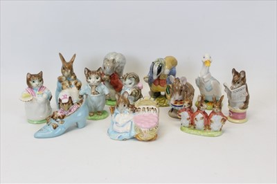 Lot 2030 - Twelve Beswick Beatrix Potter figures- Brock, Mrs Rabbit and Bunnies, Flopsy, Mopsy and Cottontail, Mr Drake Puddle Duck and The Old Woman who lived in a shoe (12)