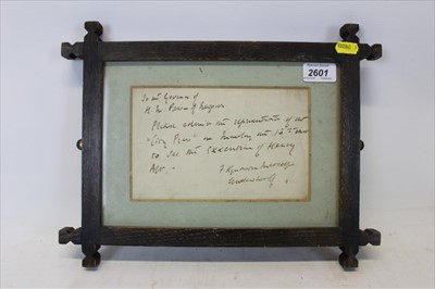 Lot 2601 - Execution memorabilia,. Framed letter- To the Governor of H.M. Prison, Newgate, Please admit the representative of the City Press on Monday 13th to see the execution of Henry Alt.