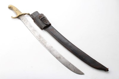 Lot 731 - 19th Century European Side arm with ribbed brass hilt and curved blade in leather scabbard